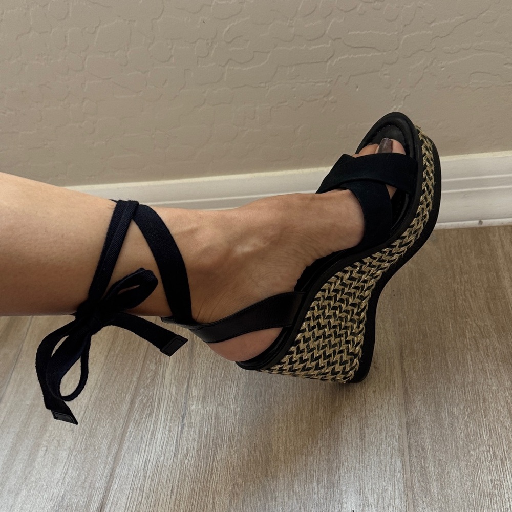Vince Camuto Black and Gold Wedge Sandals